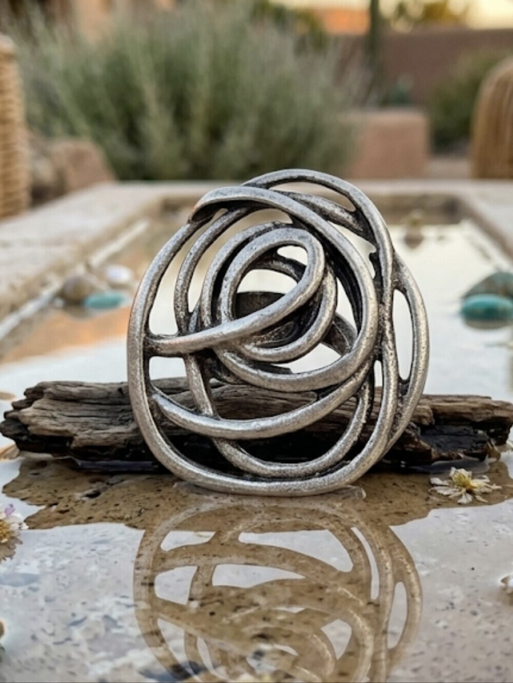 Turkish Zamak Rose Ring Large Statement Adjustable Boho Western Antiqued Silver